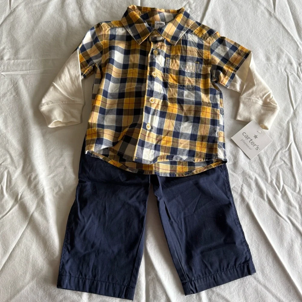 NWT Carter's Navy and Mustard Plaid Button Down Shirt & Pants Set Size 6 Month
